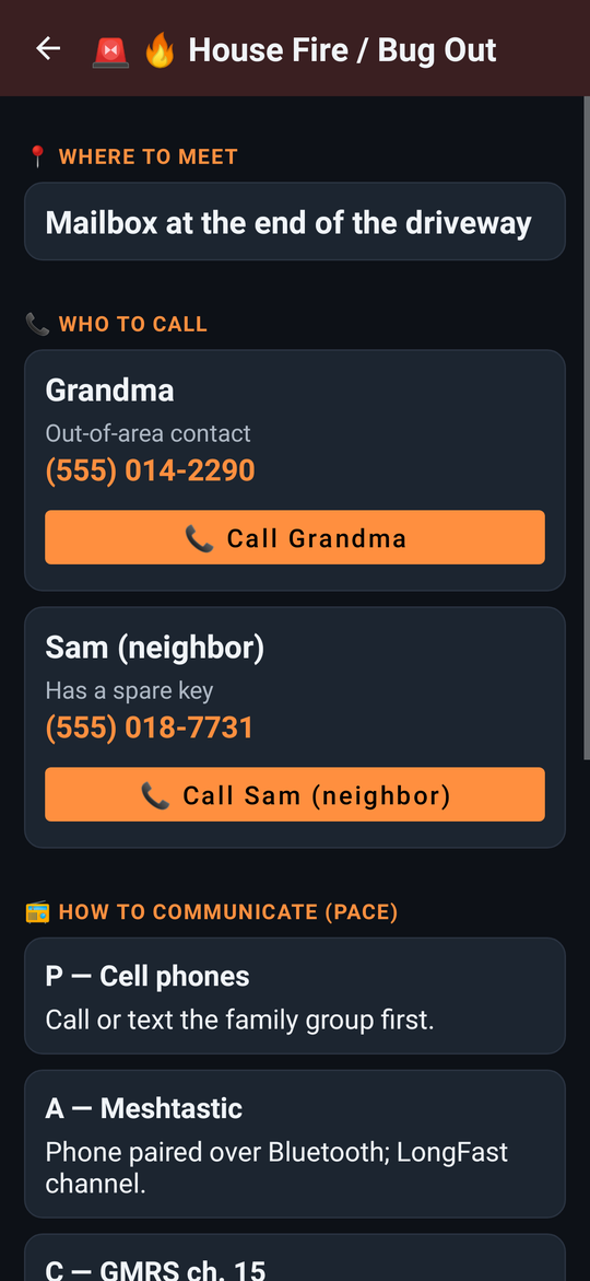 Emergency view with the meeting point, contacts with large Call buttons, and the PACE plan