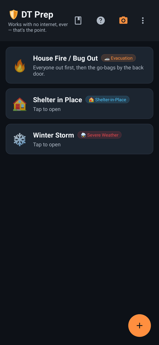 DT Prep home screen listing three plans: House Fire / Bug Out, Shelter in Place, and Winter Storm, each with a colored tag