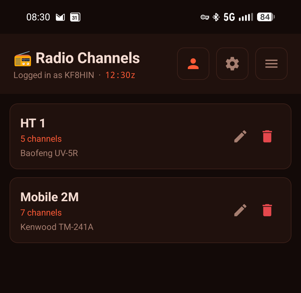RadioBook home screen listing two radios, HT 1 and Mobile 2M