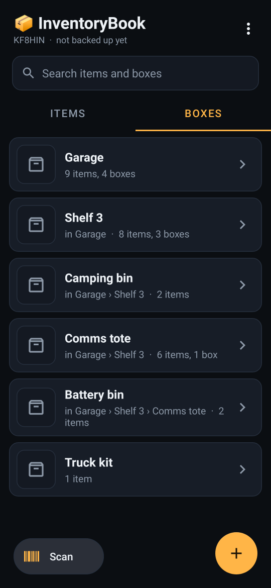 Box list: Garage, Shelf 3, Camping bin, Comms tote, Battery bin and Truck kit, each showing where it sits and how many items it holds
