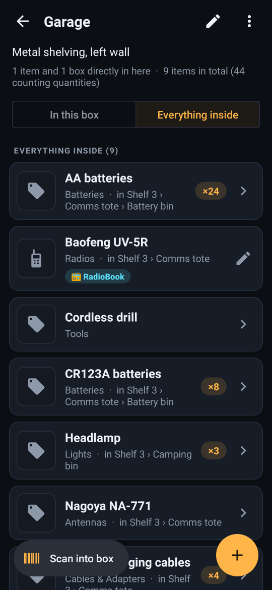 The Garage box showing everything inside at every level, nine items with the sub-box each one is in