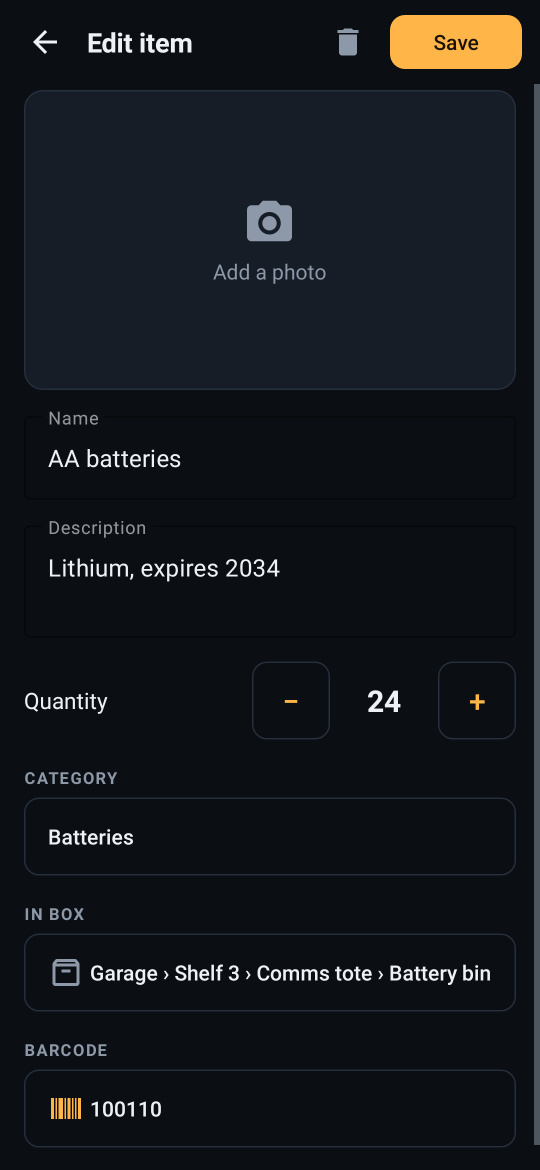 Editing AA batteries: description, quantity 24 with minus and plus buttons, category Batteries, box location, and barcode 100110