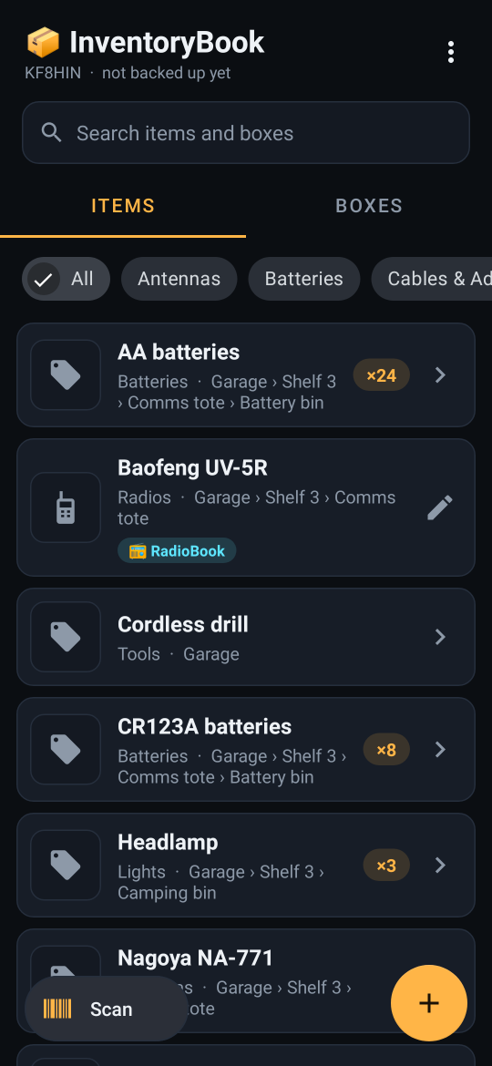 Item list with category filter chips: AA batteries x24, Baofeng UV-5R tagged RadioBook, cordless drill, CR123A batteries, headlamp, each with its box location