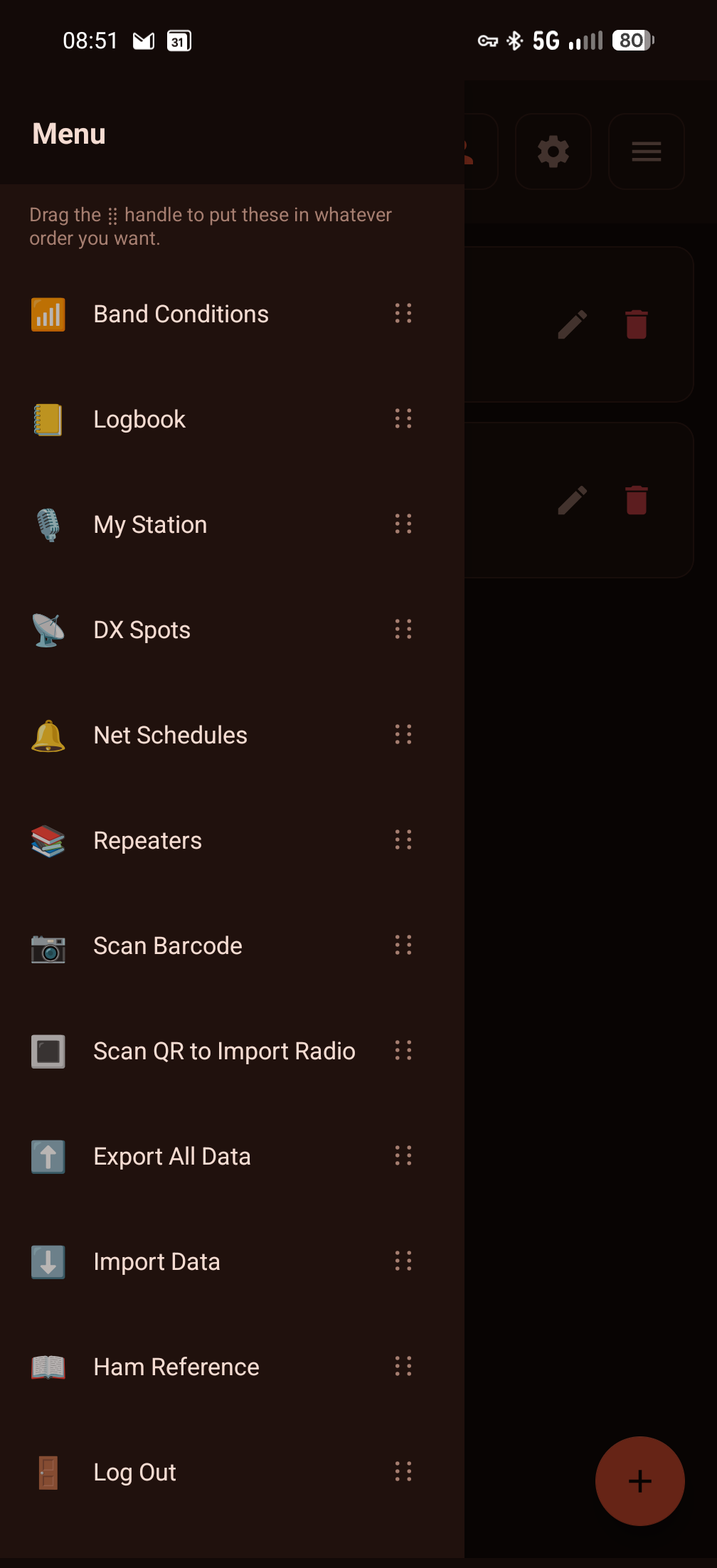 Slide-out menu listing Band Conditions, Logbook, My Station, DX Spots, Net Schedules, Repeaters, and more