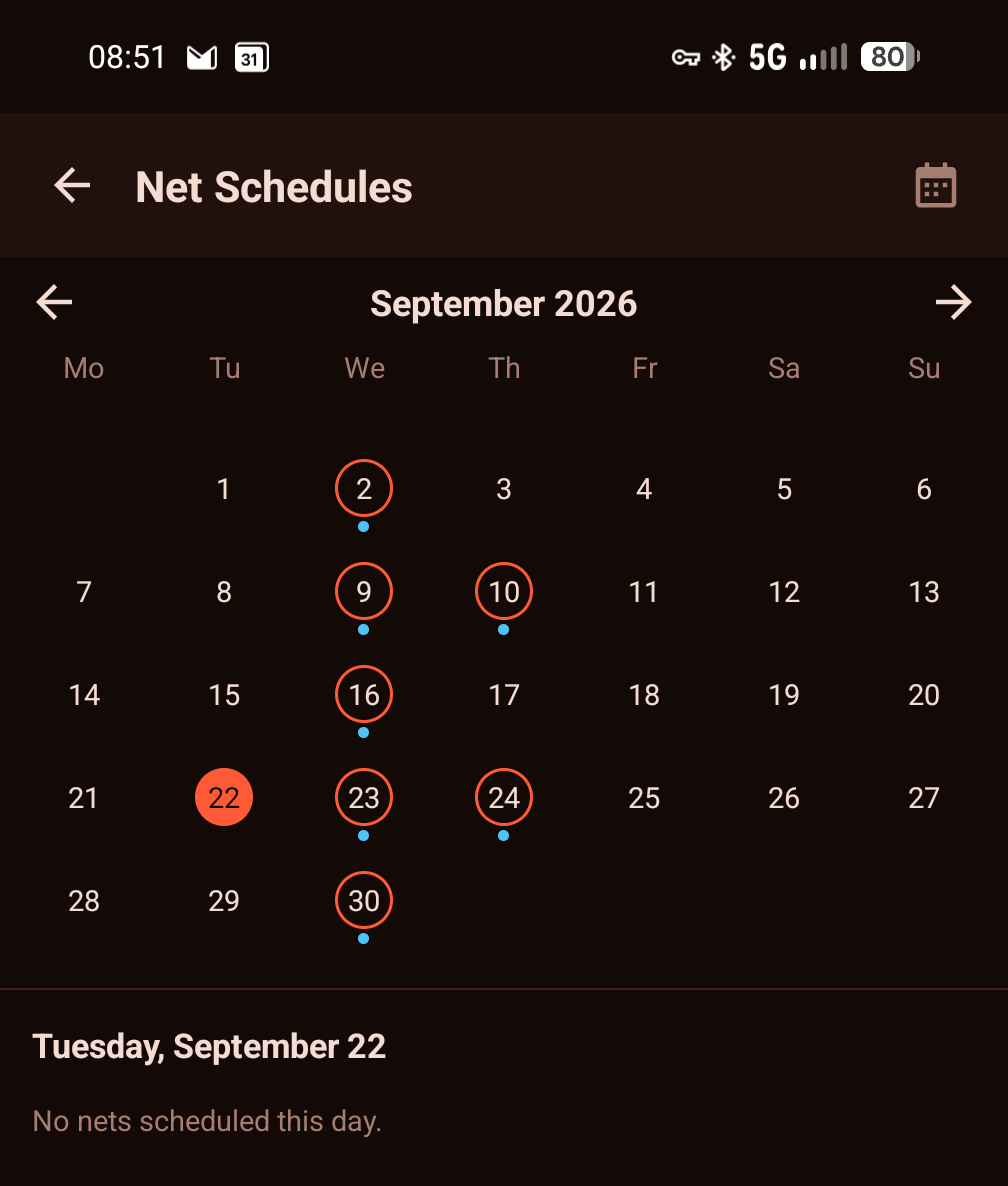 Net Schedules calendar for September 2026 with several recurring nets marked
